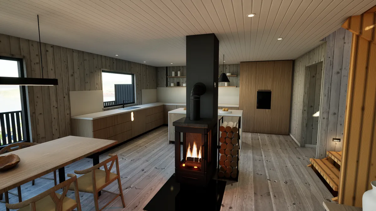 Kjøkken og spisestue i 1,5 millioner-planen: åpent mot stua, vedovn, langbord og grått panel.