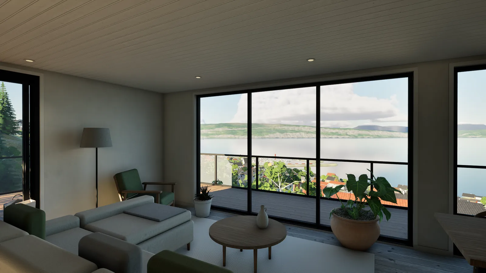 Sørsalongen i den nordiske planen med mørke vegger, store vinduer og utsikt over fjorden.